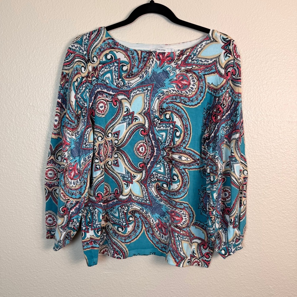 Chico's Paisley Knit‎ Top Women M Teal Red Office Boat Neck Lightweight Colorful